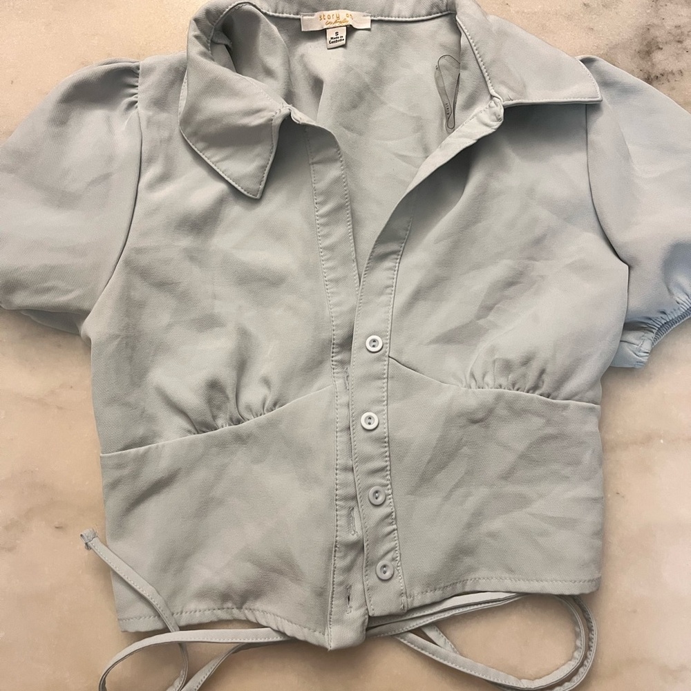 Light Blue Short Sleeve Button Crop Top
